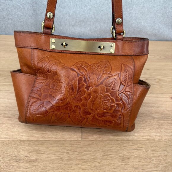 Patricia Nash Tooled Leather Shoulder Bag Brown Floral Brass Toggle Close - Picture 2 of 16